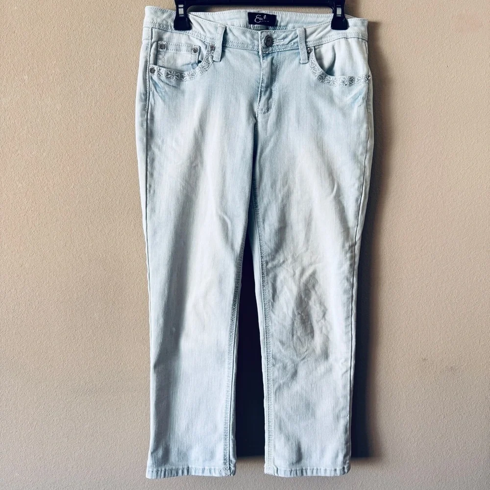 Earl Jean Light Wash Straight Leg Embellished Stretch Denim Jeans Size 8